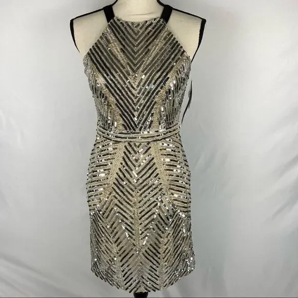 NWT Aidan Mattox Champagne Beaded Cocktail Dress Size Small